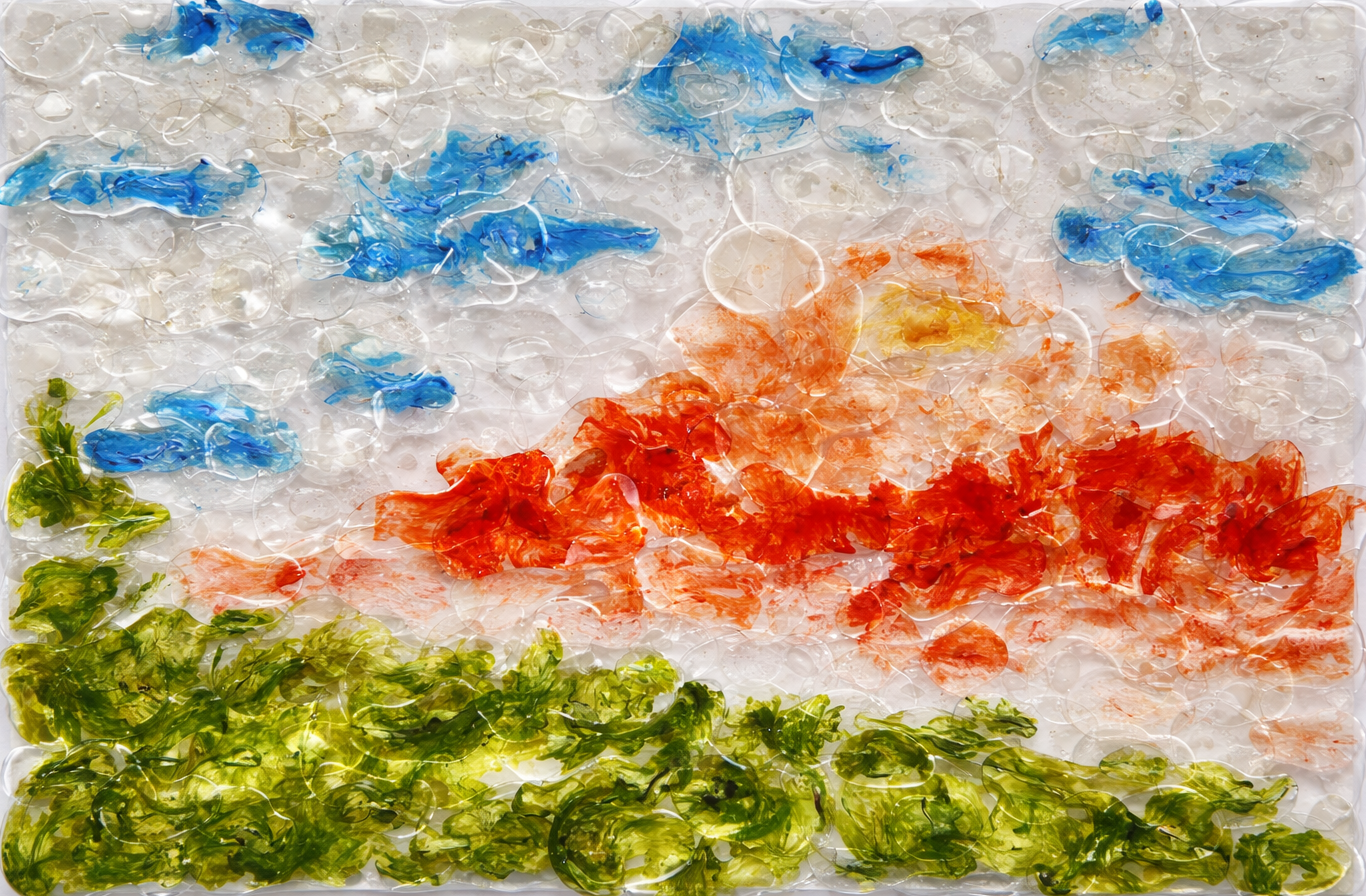 Colorful abstract art piece with red, blue, and green on a white background